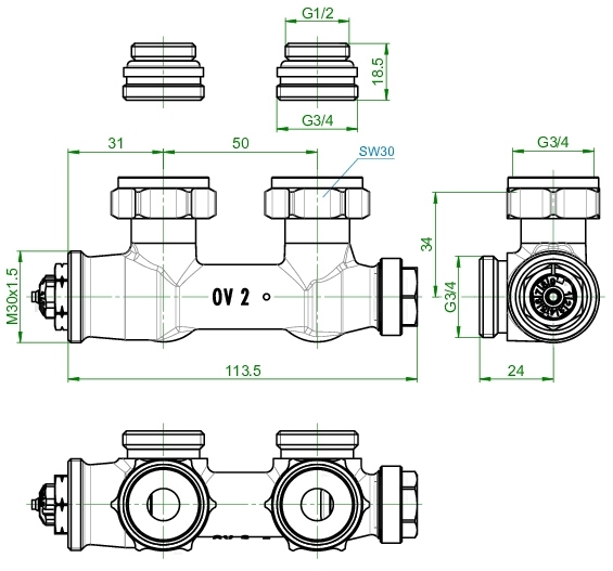 Oventrop Anschlussarmatur Multiblock T Eck, 1/2" AG x 3/4" AG, 2-Rohr # 1184084