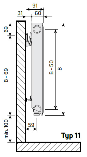 Purmo Profil Ventil Compact M Flex Flachheizkörper Typ 11, Mittenanschluss, profil. Front, BH 900mm, BL 1400mm