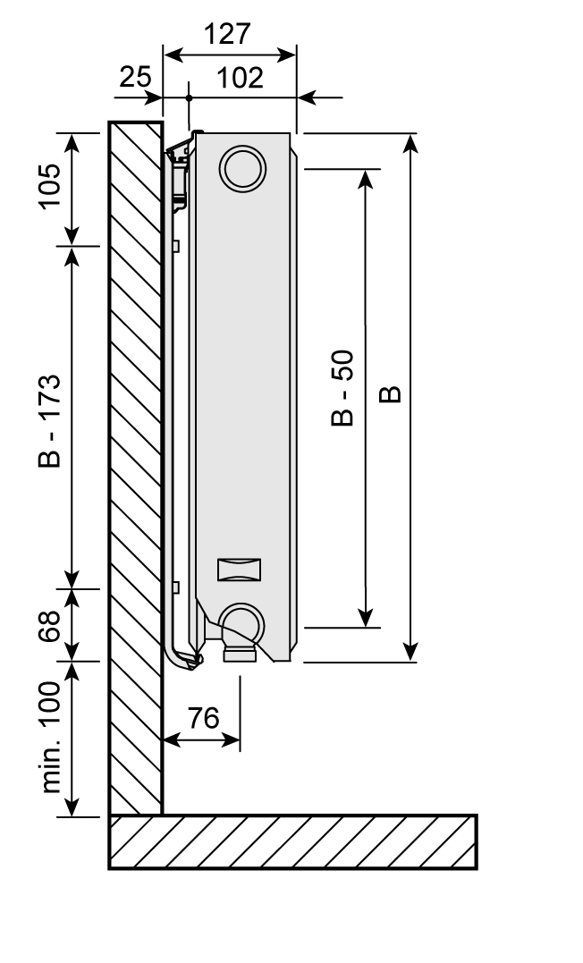Purmo Profil Ventil Compact Ventilheizkörper, Typ 22, 6-Muffen, profilierte Front, BH 300mm, BL 400mm