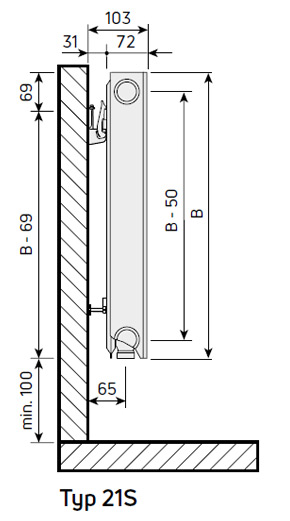 Purmo Ramo Ventil Compact M Flex Flachheizkörper Typ 21, Mittenanschluss, linierte Front, BH 500mm, BL 500mm