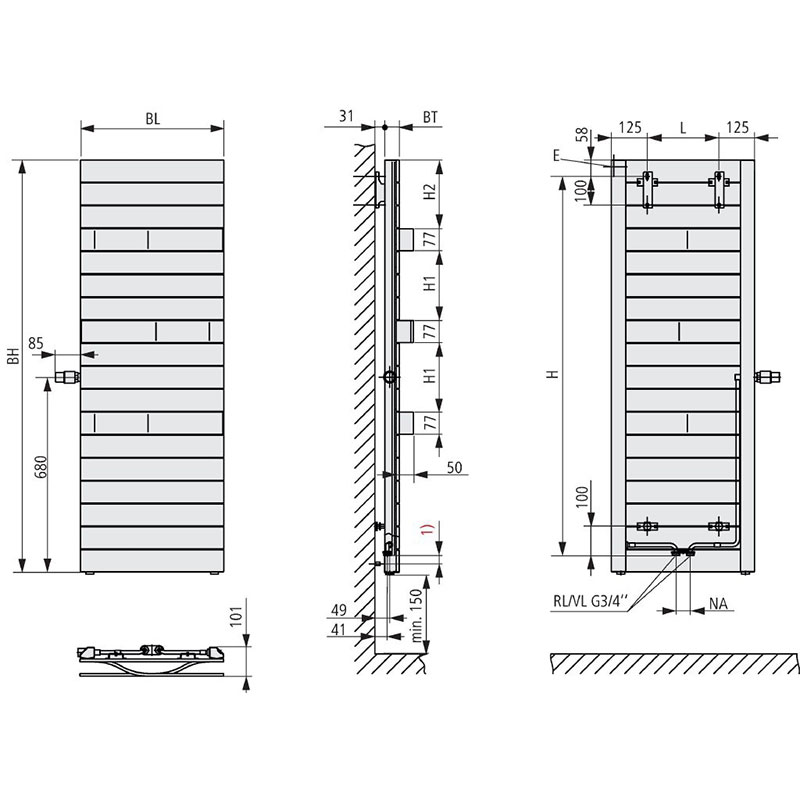 Kermi Tabeo-Ventil Design-Badheizkörper, BH 1437mm, BL 600mm, Thermostatkopf seitlich rechts