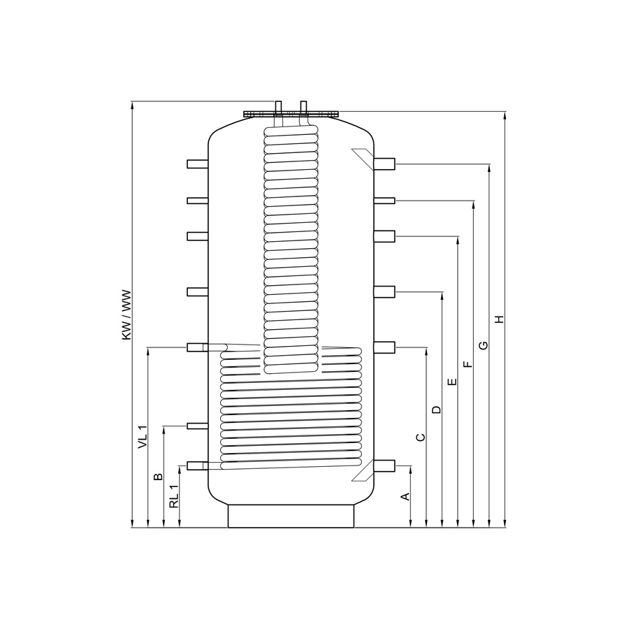 TWL Hygiene-Kombispeicher Typ KER, 1 Wärmetauscher, 500 Liter, 180° Muffenposition, Ökoline-C Isolierung