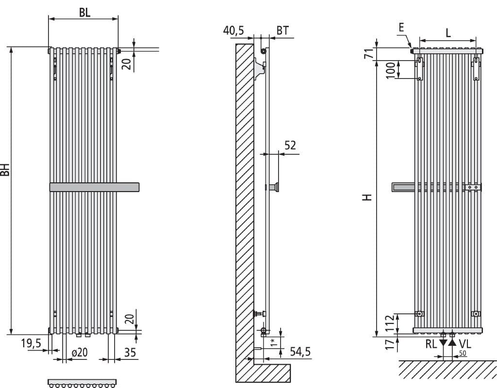 Kermi Pio plus Kompaktheizkörper im Rundrohrdesign, mit Handtuchhalter, BH 1600 BL 390, Handtuchbügel Holz