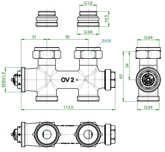 Oventrop Anschlussarmatur Multiblock T 1/2" AG x 3/4" AG, 2-Rohr, DG # 1184083