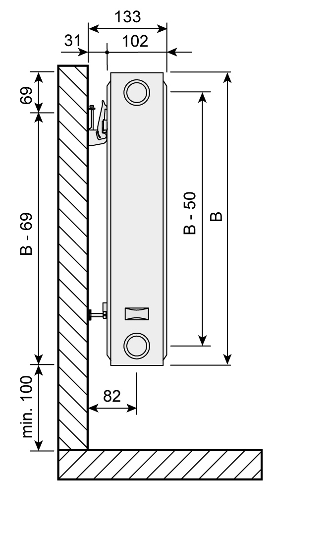 Purmo Profil Compact Kompaktheizkörper, Typ 22, 4-Muffen, profilierte Front, BH 600mm, BL 1400mm