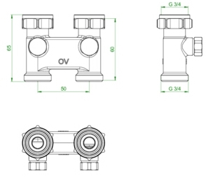 Oventrop Umlenkstück 50mm, 3/4" ÜM x3/4" AG DG mit Absperrung, vern. # 1016362