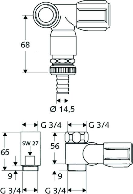 Schell NA-Ventil COMFORT 3/4" 03326 mit Rückflussverhinderer und Rohrbelüfter für Wandbatt. A. rechts verchromt