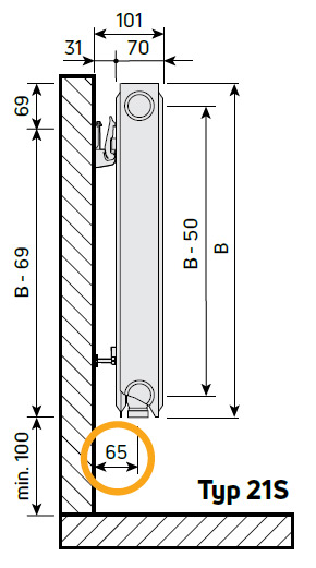 Purmo Profil Ventil Compact M Flex Flachheizkörper, Ventil, Typ 21S, Mittenanschluss, profil. Front, BH 400mm, BL 1100mm