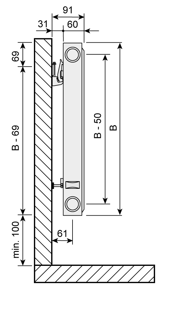 Purmo Profil Compact Kompaktheizkörper, Typ 11, 4-Muffen, profilierte Front, BH 300mm, BL 2000mm