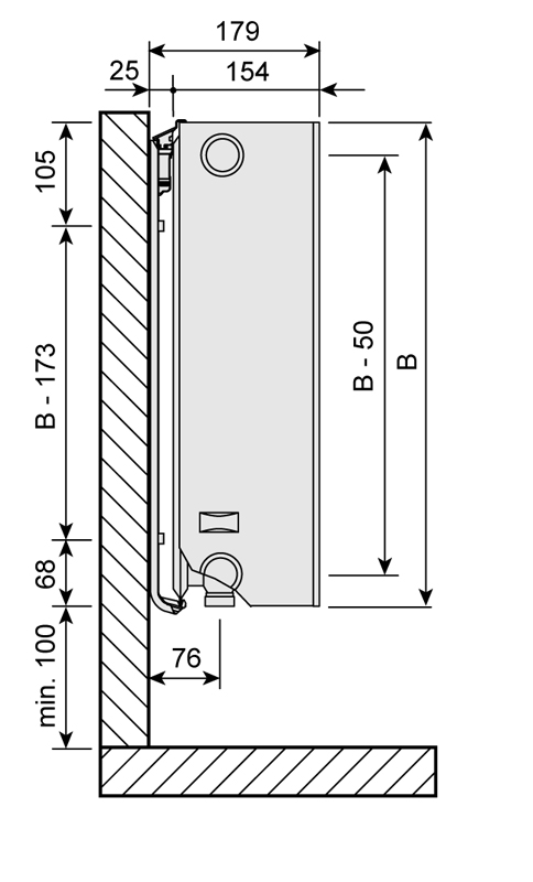 Purmo Ramo Ventil Compact Ventilheizkörper Typ 33, 6-Muffen, linierte Front, BH 600mm, BL 1400mm, rechts