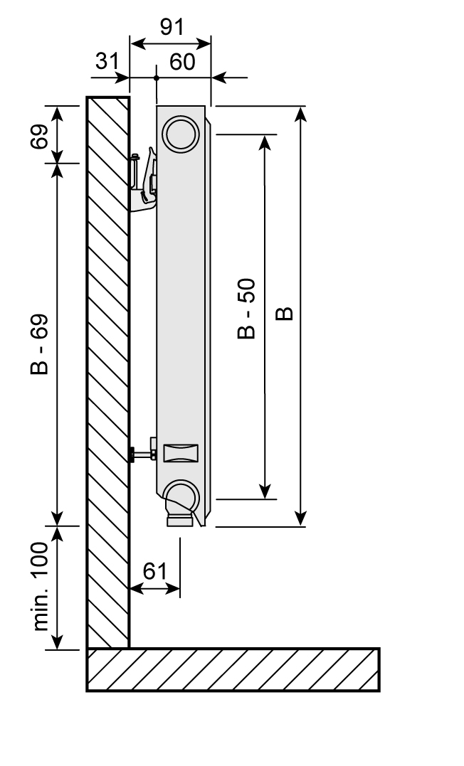 Purmo Profil Ventil Compact Ventilheizkörper, Typ 11, 6-Muffen, profilierte Front, BH 900mm, BL 400mm, links