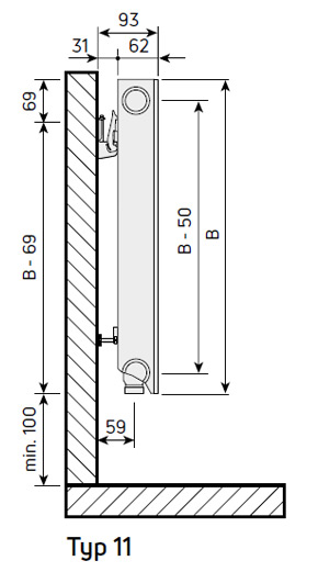 Purmo Ramo Ventil Compact M Flex Flachheizkörper Typ 11, Mittenanschluss, linierte Front, BH 600mm, BL 1800mm