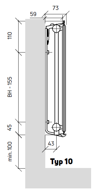 Purmo Profil Ventil Compact Ventilheizkörper Hygiene, Typ 10, 6-Muffen, profilierte Front, BH 300mm, BL 700mm, links