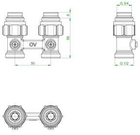 Oventrop Multiflex F, 1/2" AG x 3/4" AG DG, Zweirohr-Hahnblock # 1015883