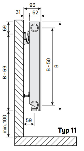 Purmo Plan Ventil Compact M Flex Flachheizkörper, Ventil, Mittenanschluss, Typ 11, glatte Front