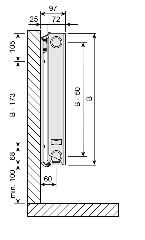 Purmo Plan Ventil Compact Ventilheizkörper, Typ 21S, 6-Muffen, glatte Front, BH 500mm, BL 2000mm, rechts