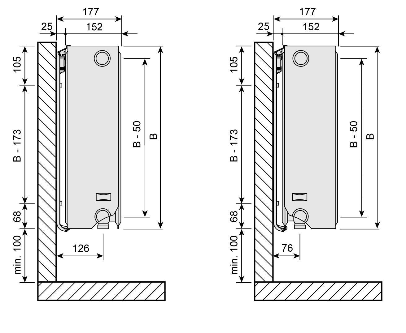 Purmo Profil Ventil Compact Ventilheizkörper, Typ 33, 6-Muffen, profilierte Front, BH 500mm, BL 800mm, rechts