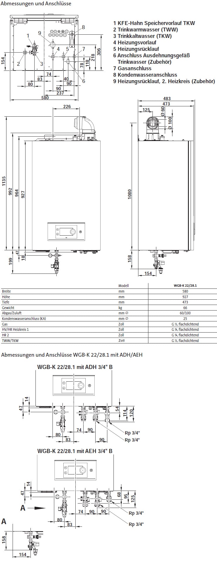 Abmessungen und Anschlüsse Gas-Brennwertwandkessel WGB-K 22/28.1