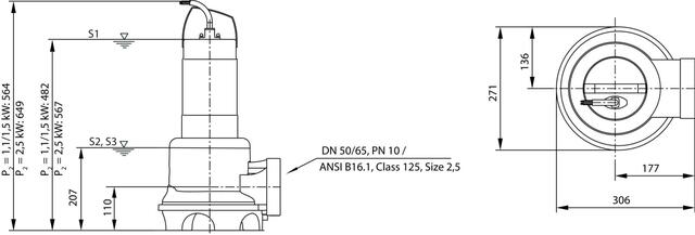 Wilo Abwasser-Tauchmotorpumpe Rexa UNI V06/T25-540, DN50/65,400V,2.5kW