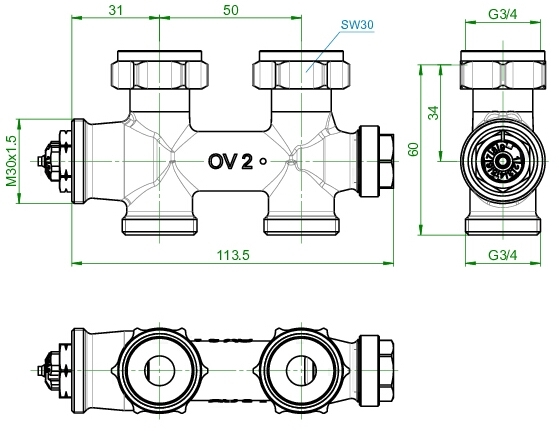 Oventrop Multiblock T Zweirohrarmatur DG absp. + entleerbar, 3/4" AG # 1184013