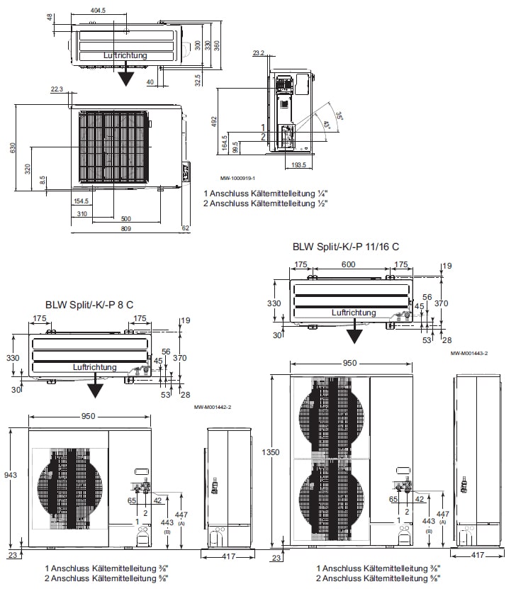 Abmessungen und Anschlüsse Brötje Luft-Wasser-Wärmepumpe Split Kompakt BLW Split-K C Außeneinheit