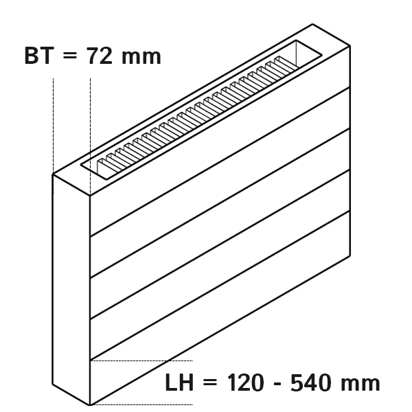Kermi Heizwand horizontal Typ HHN21, lamelliert, seitl. Abdeckung, BH 630mm, BL 1200mm, ohne Abdeckung, LH 120mm