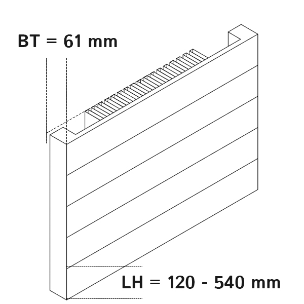 Kermi Heizwand horizontal Typ HHN11, lamelliert, seitl. Abdeckung, BH 350mm, BL 600mm, mit Abdeckung, LH 120mm