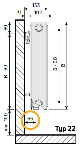 Purmo Profil Ventil Compact M Flex Flachheizkörper Typ 22, Mittenanschluss, profil. Front, BH 900mm, BL 1200mm