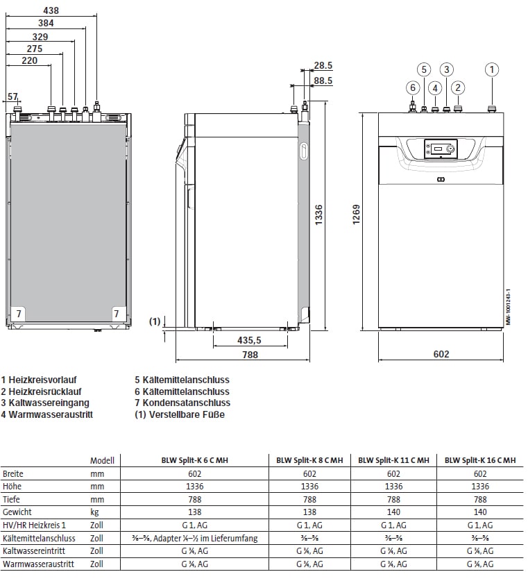Abmessungen und Anschlüsse Brötje Luft-Wasser-Wärmepumpe Split Kompakt BLW Split-K C mit Heizstab